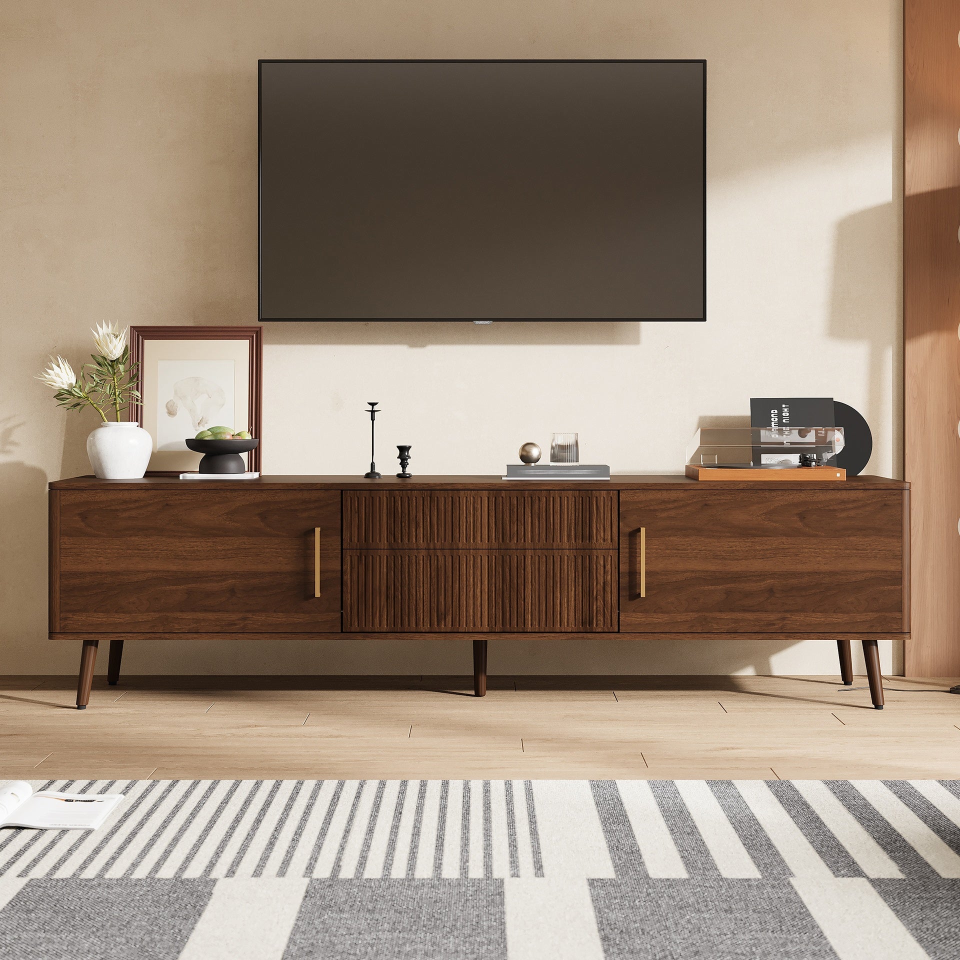 Mid Century TV Stand with 2 Drawers, Media Console Table for TVs up to 80'', Entertainment Center with Storage for Living room, Bedroom, Home Theatre
