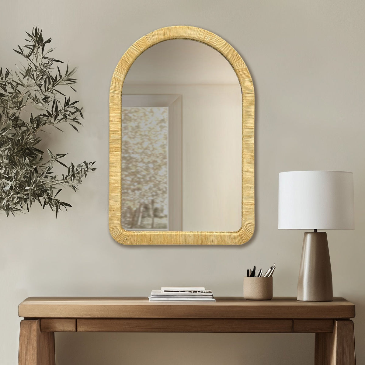 39.00x26.00x1.20" Natural Rattan Arched  Wall Mirror