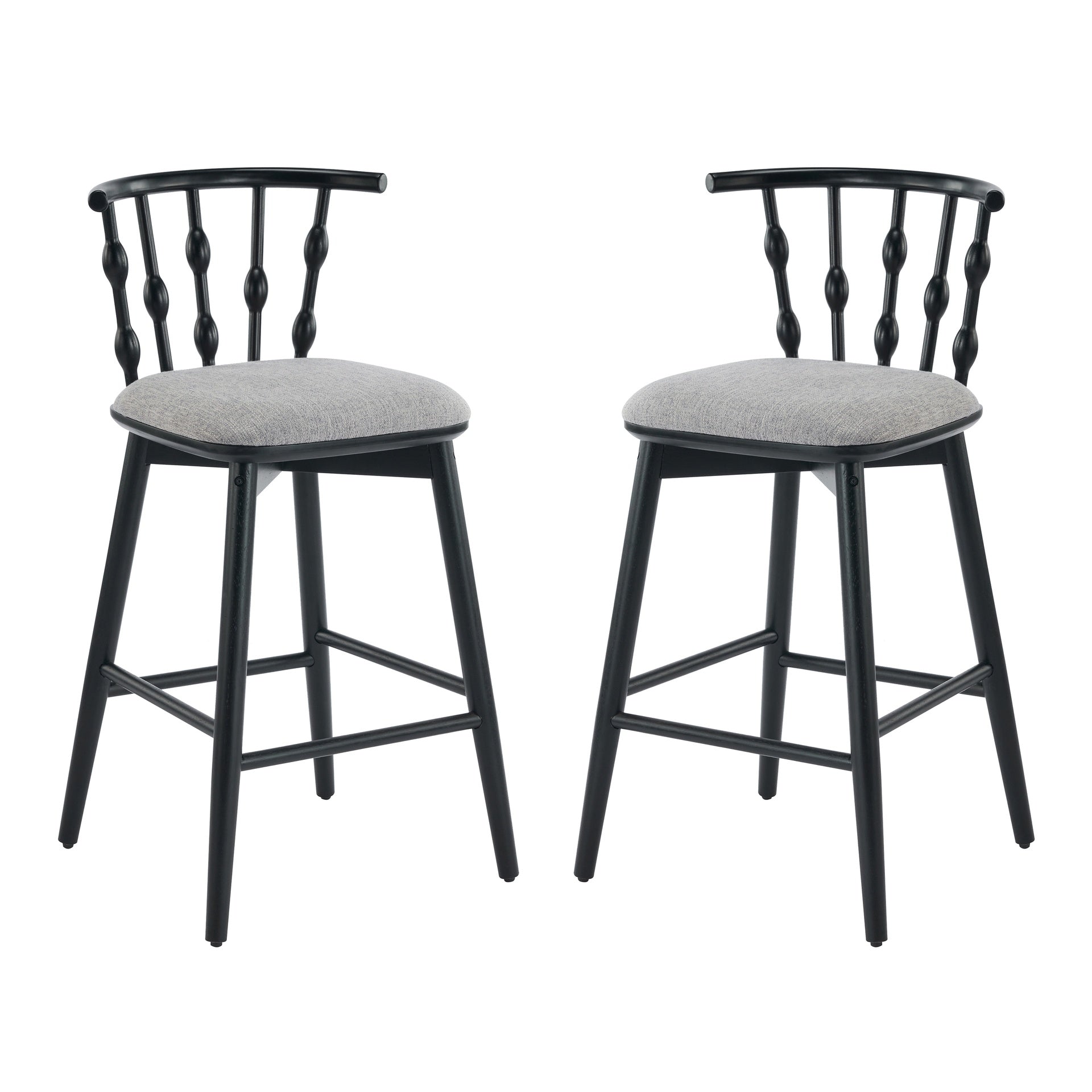 Doria Indoor Wooden Barstool, Black Finish With Grey Upholstery, Set of 2