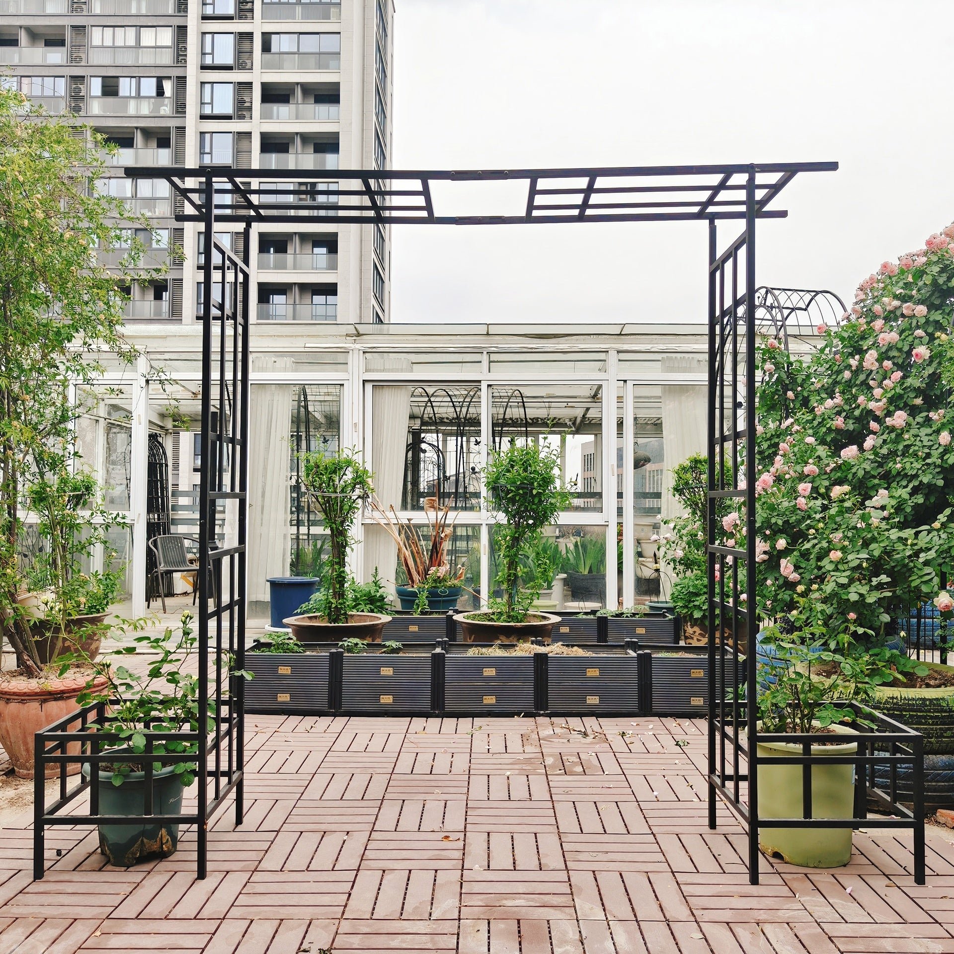 Metal Garden Arch with Adjustable Width W68.11''~W94.29''  Climbing Plants Support Rose Arch Outdoor Black