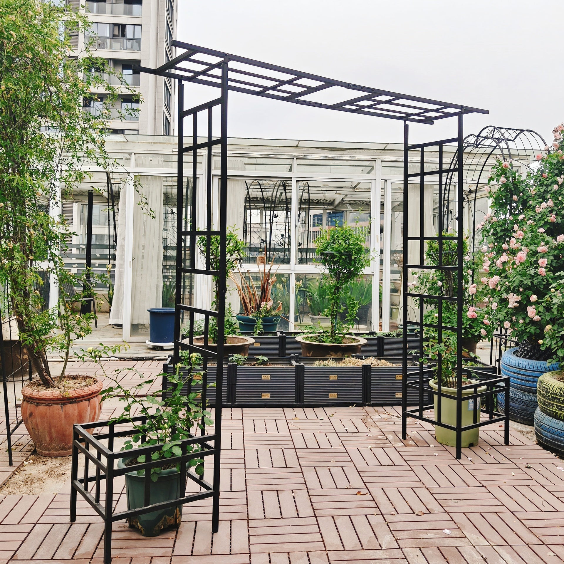 Metal Garden Arch with Adjustable Width W68.11''~W94.29''  Climbing Plants Support Rose Arch Outdoor Black