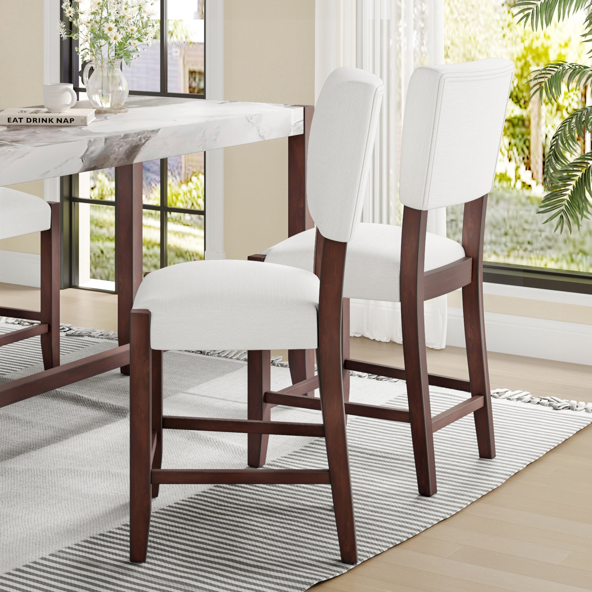 Mid Century Modern Bar Stools Set of 2, 40.4" Counter Stools with Back, Linen Upholstered Barstools with Solid Wood Legs Bar Chairs for Kitchen Island Dining Room, Beige