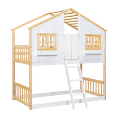 Twin over Twin House Bunk Bed with Roof , Window, Window  Box, Door , with Safety Guardrails and Ladder, Natural/White