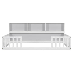 Twin Floor Bed with  Bedside Bookcase,Shelves,Guardrails,White