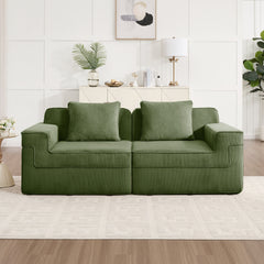 Modular 2 Seat Loveseat Boneless Sofa, Cloud Sectional Couch with Deep Seat, Modern Modular 2-Seat Sofa Couch with Throw Pillows Corduroy Fabric Green