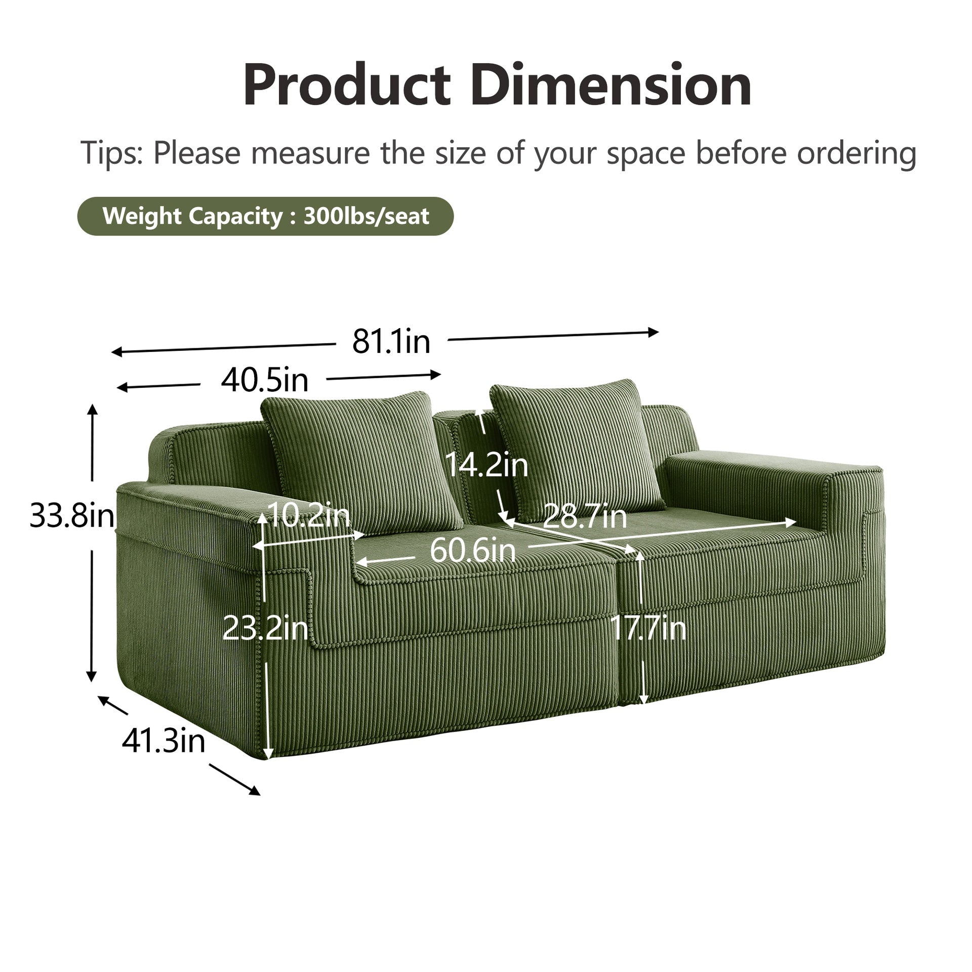 Modular 2 Seat Loveseat Boneless Sofa, Cloud Sectional Couch with Deep Seat, Modern Modular 2-Seat Sofa Couch with Throw Pillows Corduroy Fabric Green