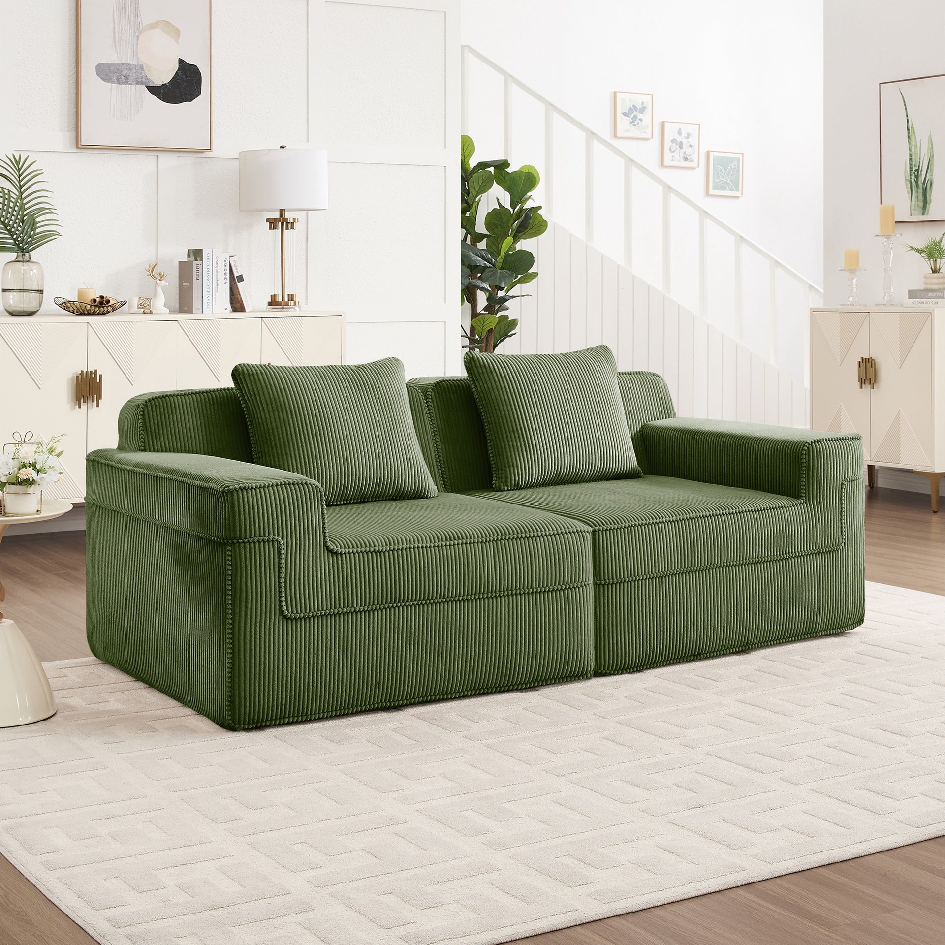 Modular 2 Seat Loveseat Boneless Sofa, Cloud Sectional Couch with Deep Seat, Modern Modular 2-Seat Sofa Couch with Throw Pillows Corduroy Fabric Green