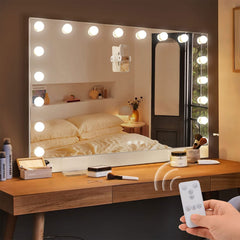 31.5"x22.8" Selfie Remote Control Vanity Mirror with Lights, 0.6" Ultrathin Large Hollywood Vanity Mirror 18 LED Bulbs Magnet Phone Holder Tabletop Makeup Mirror Wall Mount