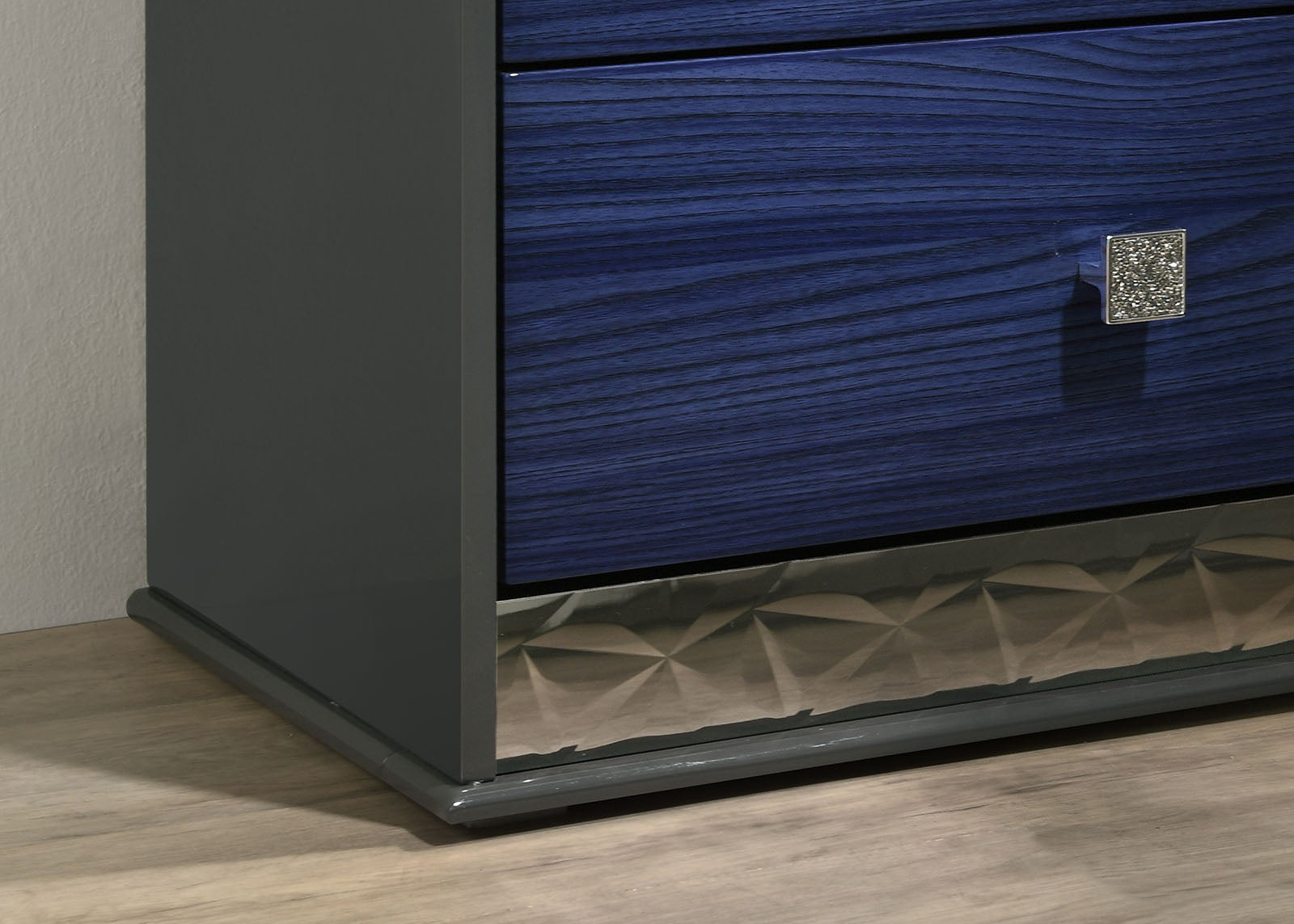 Glam Style 1pc Nightstand Chrome Molding Metal Side Glide Ash Gray And Indigo Blue Finish Bedroom Furniture