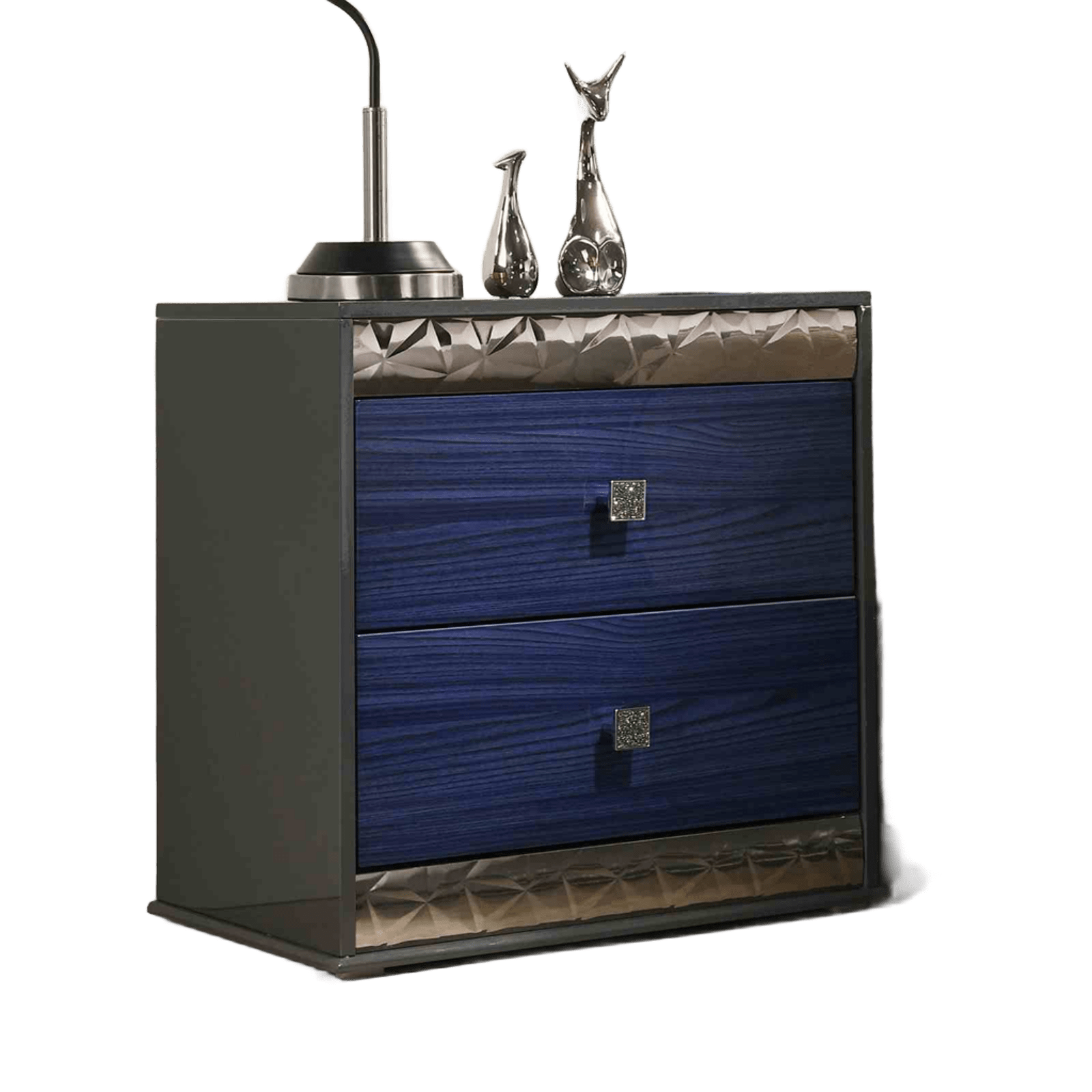 Glam Style 1pc Nightstand Chrome Molding Metal Side Glide Ash Gray And Indigo Blue Finish Bedroom Furniture