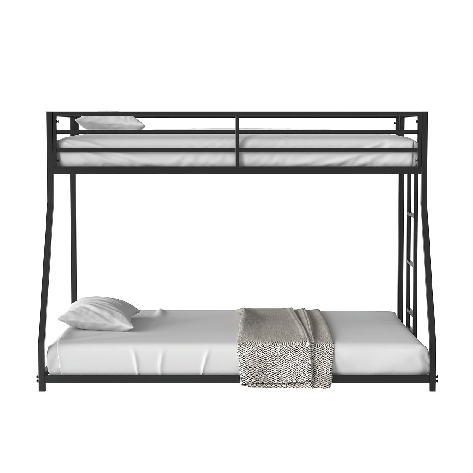 Contemporary Style Twin Over Full Metal Low Bunk Bed Attached Ladder Mattress Ready Matte Black Finish Bedroom Furniture