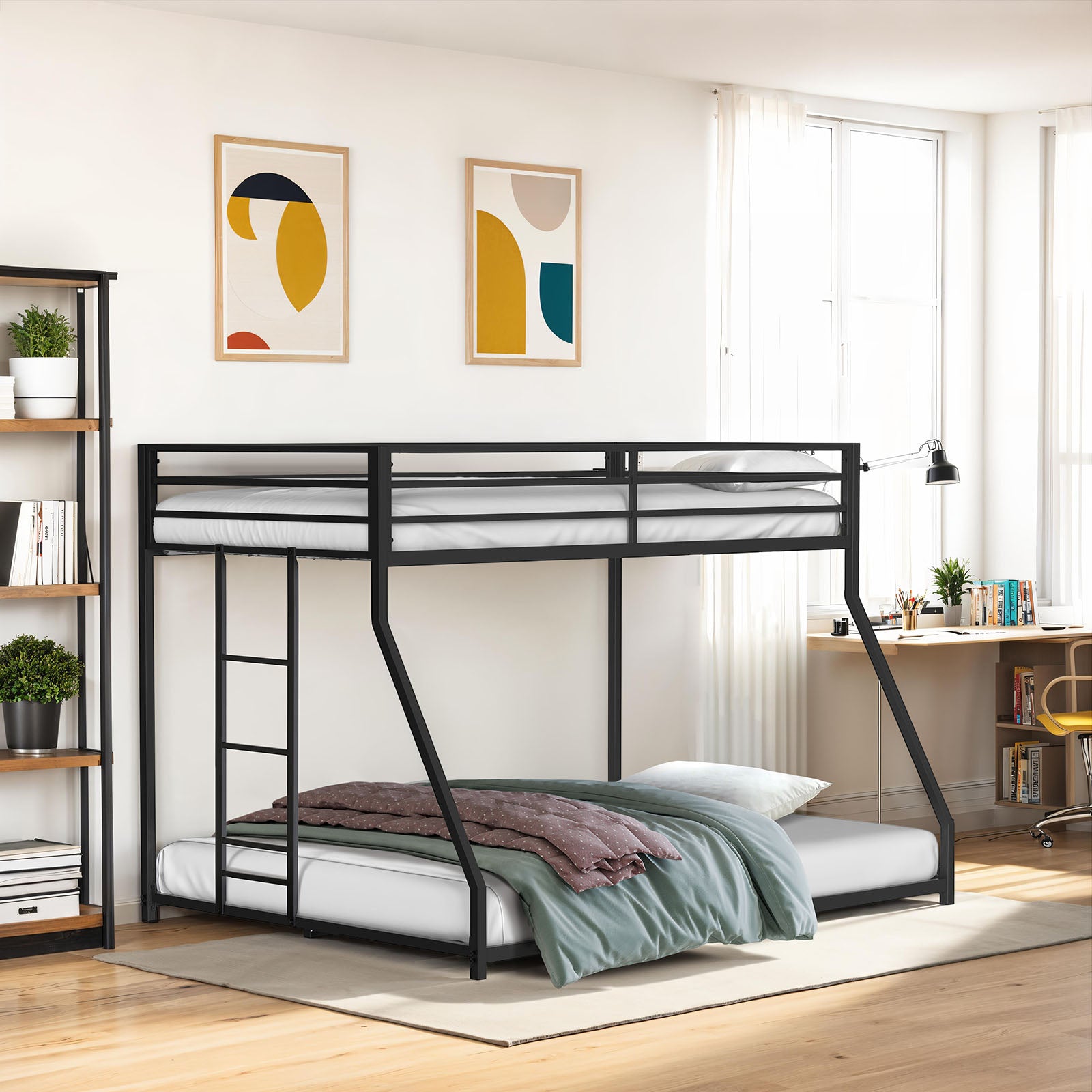Contemporary Style Twin Over Full Metal Low Bunk Bed Attached Ladder Mattress Ready Matte Black Finish Bedroom Furniture