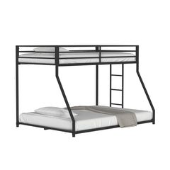 Contemporary Style Twin Over Full Metal Low Bunk Bed Attached Ladder Mattress Ready Matte Black Finish Bedroom Furniture
