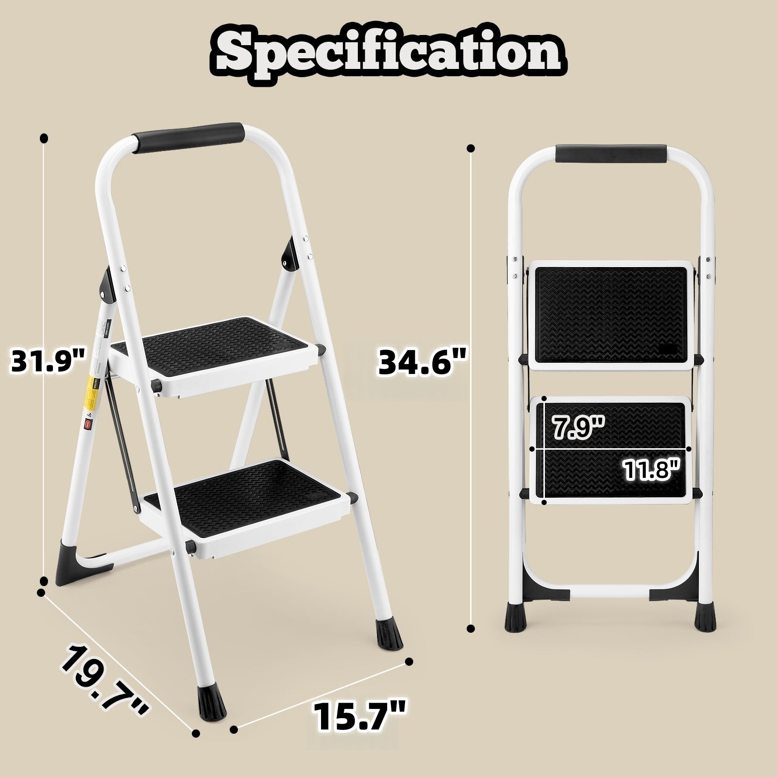 2 Step Ladder, Folding Step Stool with Anti-Slip and Wide Pedal, Lightweight Stepladder with Handrails, Portable for Kitchen, Household, 330LBS, White