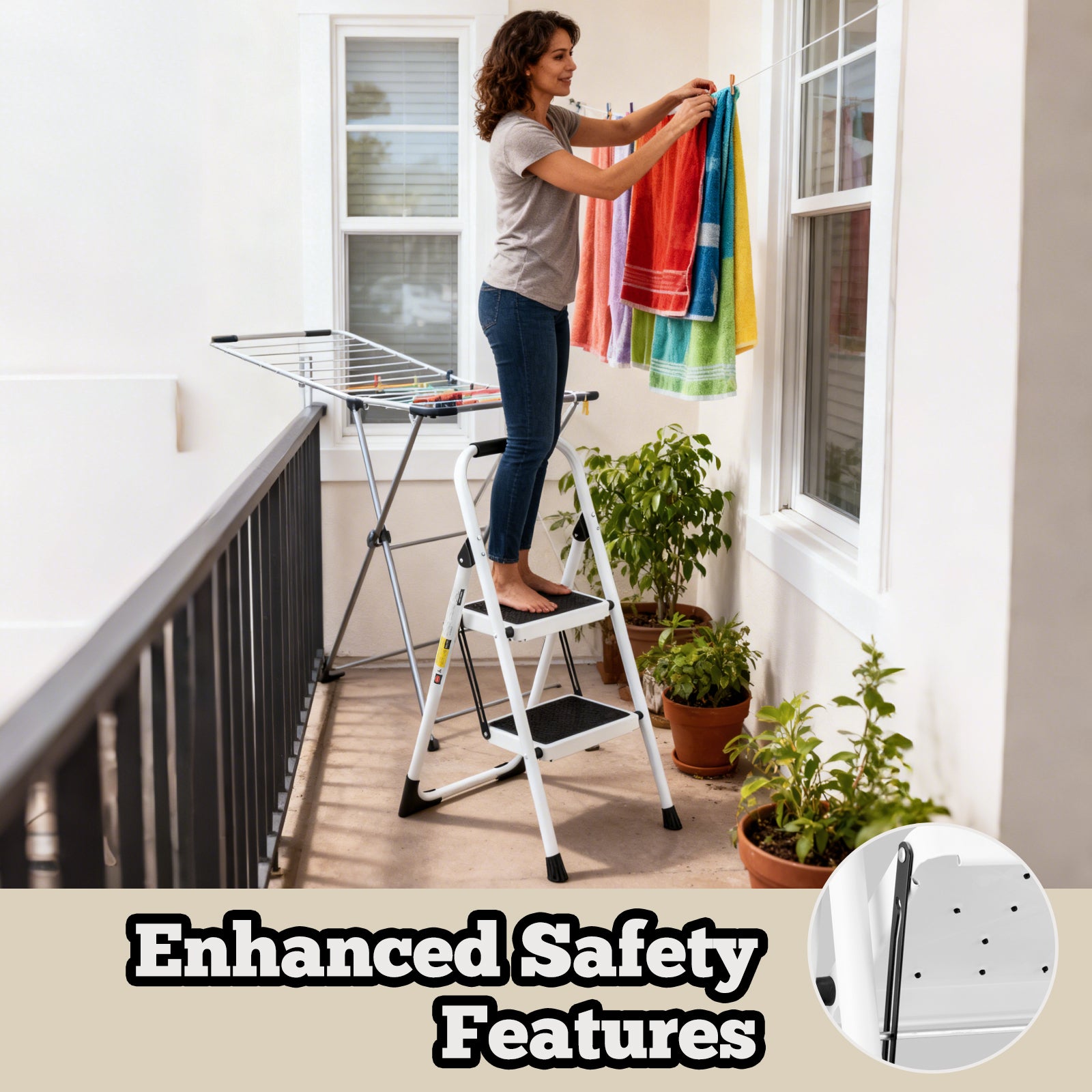 2 Step Ladder, Folding Step Stool with Anti-Slip and Wide Pedal, Lightweight Stepladder with Handrails, Portable for Kitchen, Household, 330LBS, White