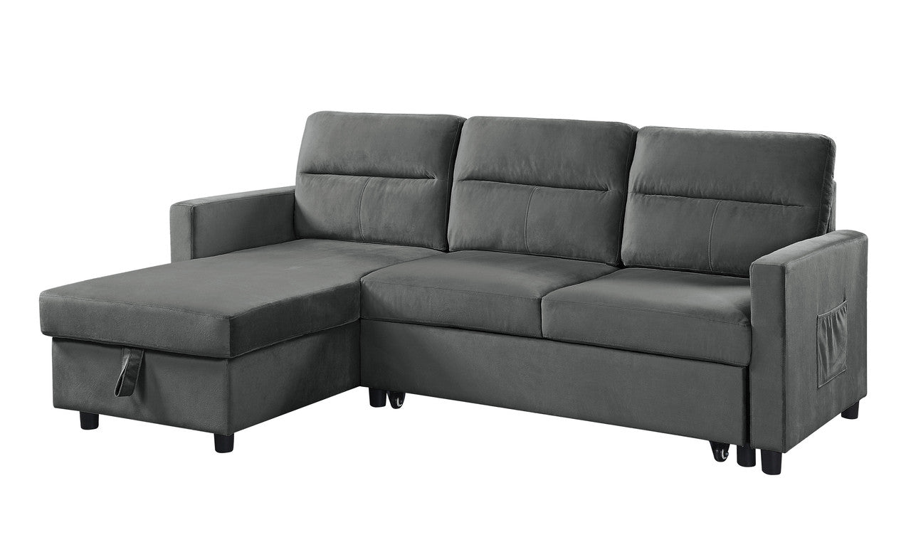 Iride 81.5"W Dark Gray Velvet Reversible Sleeper Sectional Sofa with Storage Chaise and Side Pocket