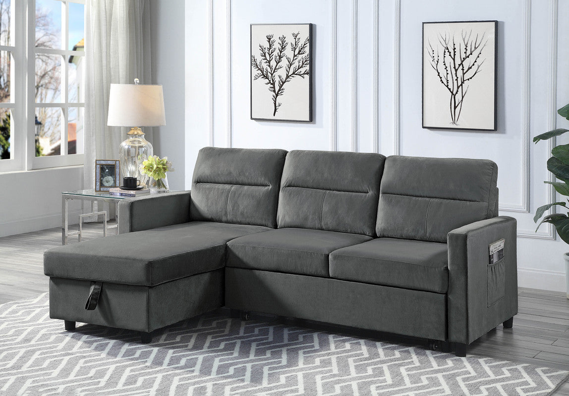 Iride 81.5"W Dark Gray Velvet Reversible Sleeper Sectional Sofa with Storage Chaise and Side Pocket