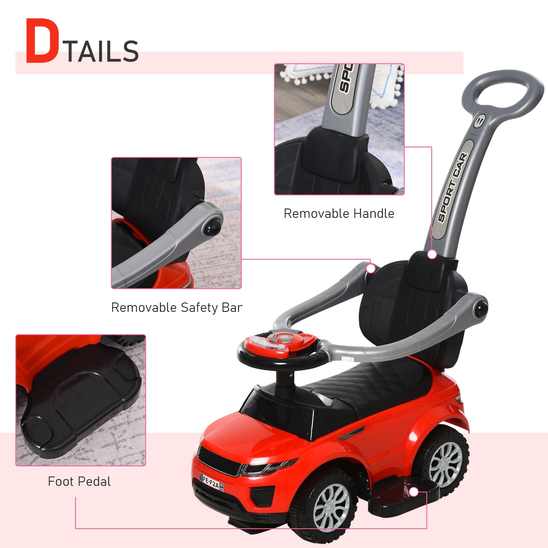 Aosom 2 In 1 Push Cars for Toddlers Kid Ride on Push Car Stroller Sliding Car with Horn Music Light Function Secure Bar Ride on Toy for Boy Girl 1-3 Years Old Red