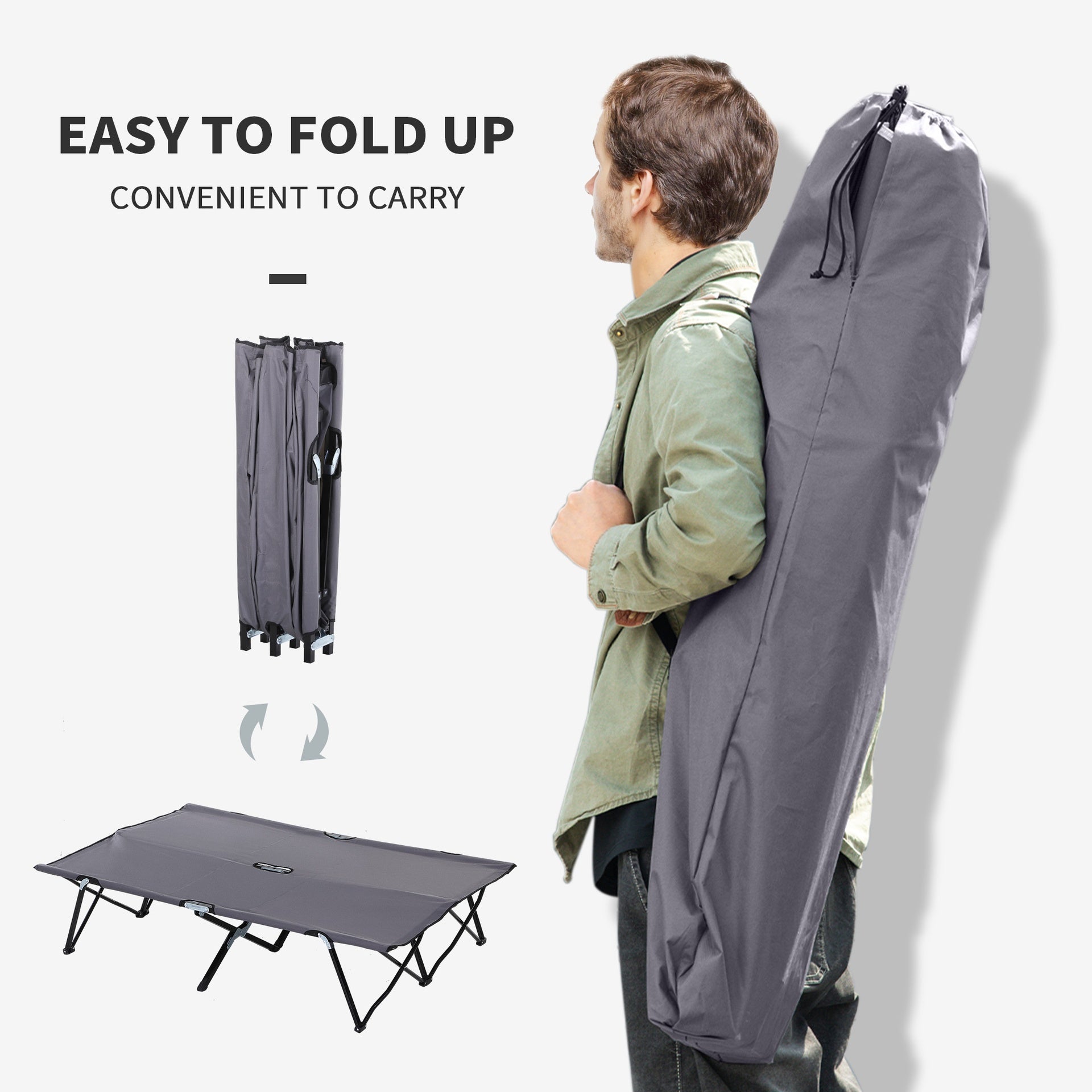 Outsunny 2 Person Folding Camping Cot for Adults, 50" Extra Wide Outdoor Portable Sleeping Cot with Carry Bag, Elevated Camping Bed, Beach Hiking, Grey