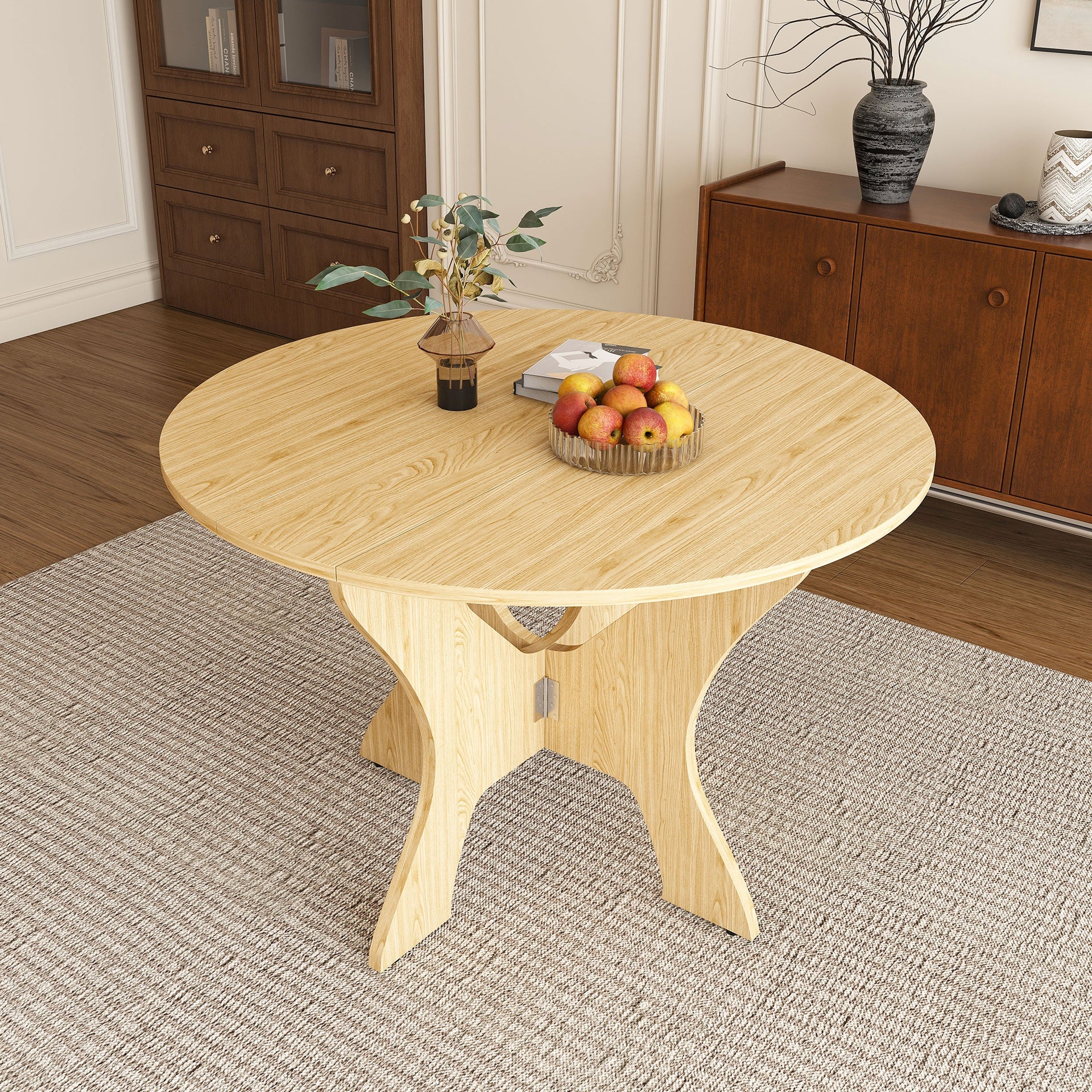 43 in Folding Dining Table for Small Spaces, MDF Table with Wild Oak Veneer, Space Saving Foldable Kitchen Table for Indoor and Outdoor Use