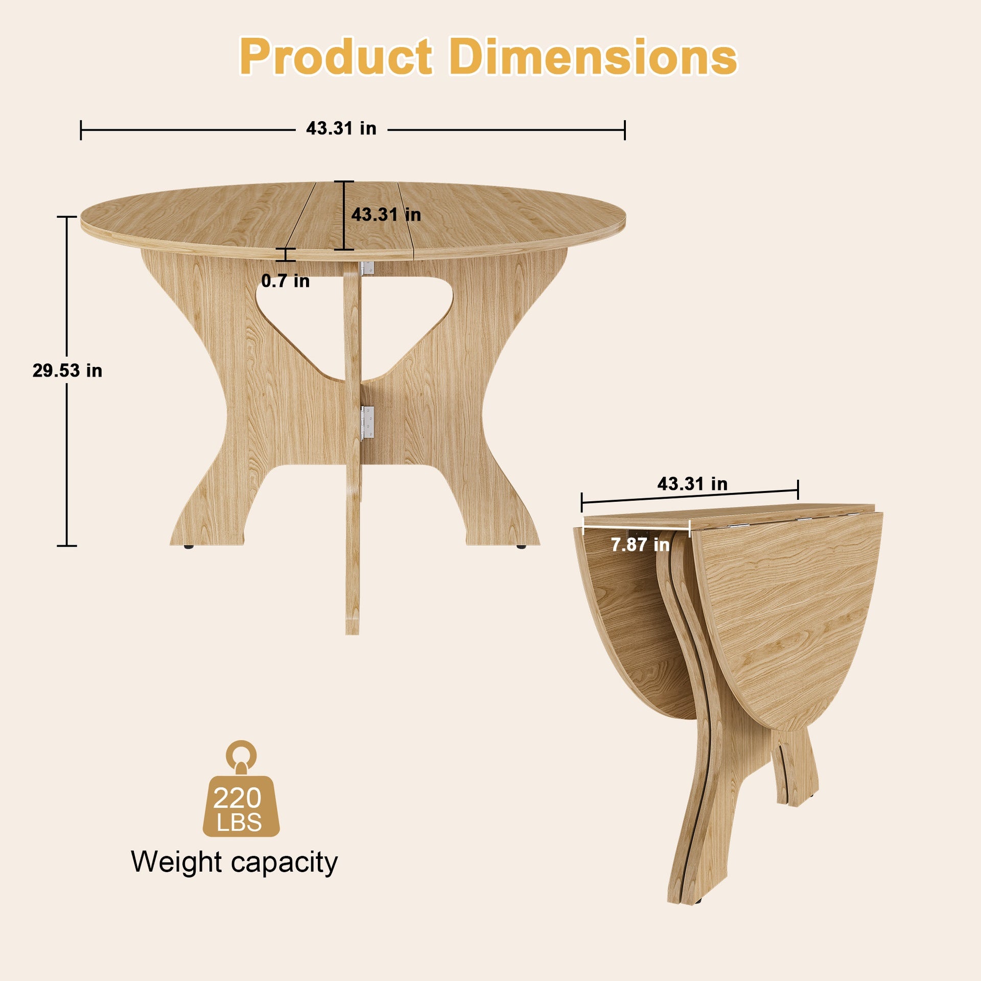 43 in Folding Dining Table for Small Spaces, MDF Table with Wild Oak Veneer, Space Saving Foldable Kitchen Table for Indoor and Outdoor Use