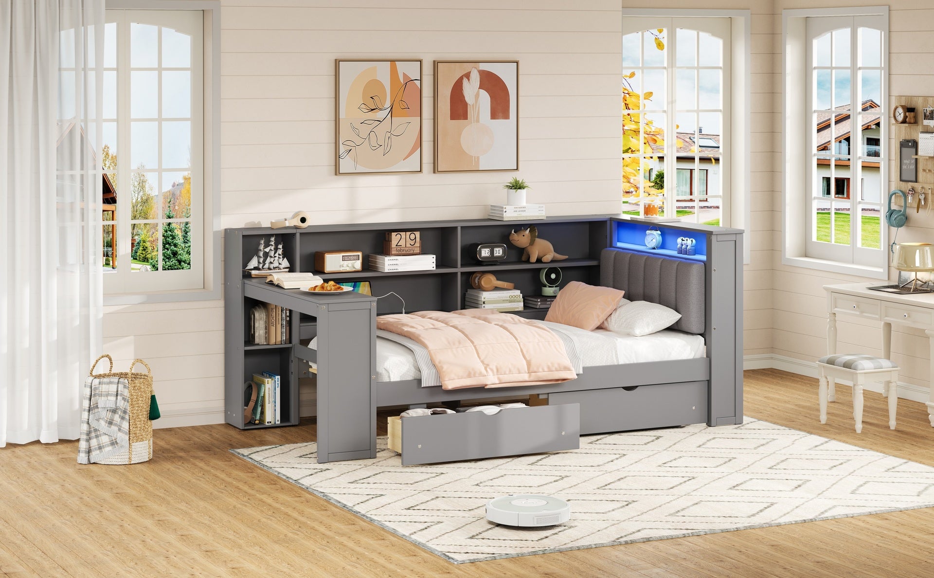 Wood Twin Size Platform Bed with Storage Shelves, Drawers, Charging Station, LED, Desk and Upholstered Headboard, Grey+ Grey Cushion