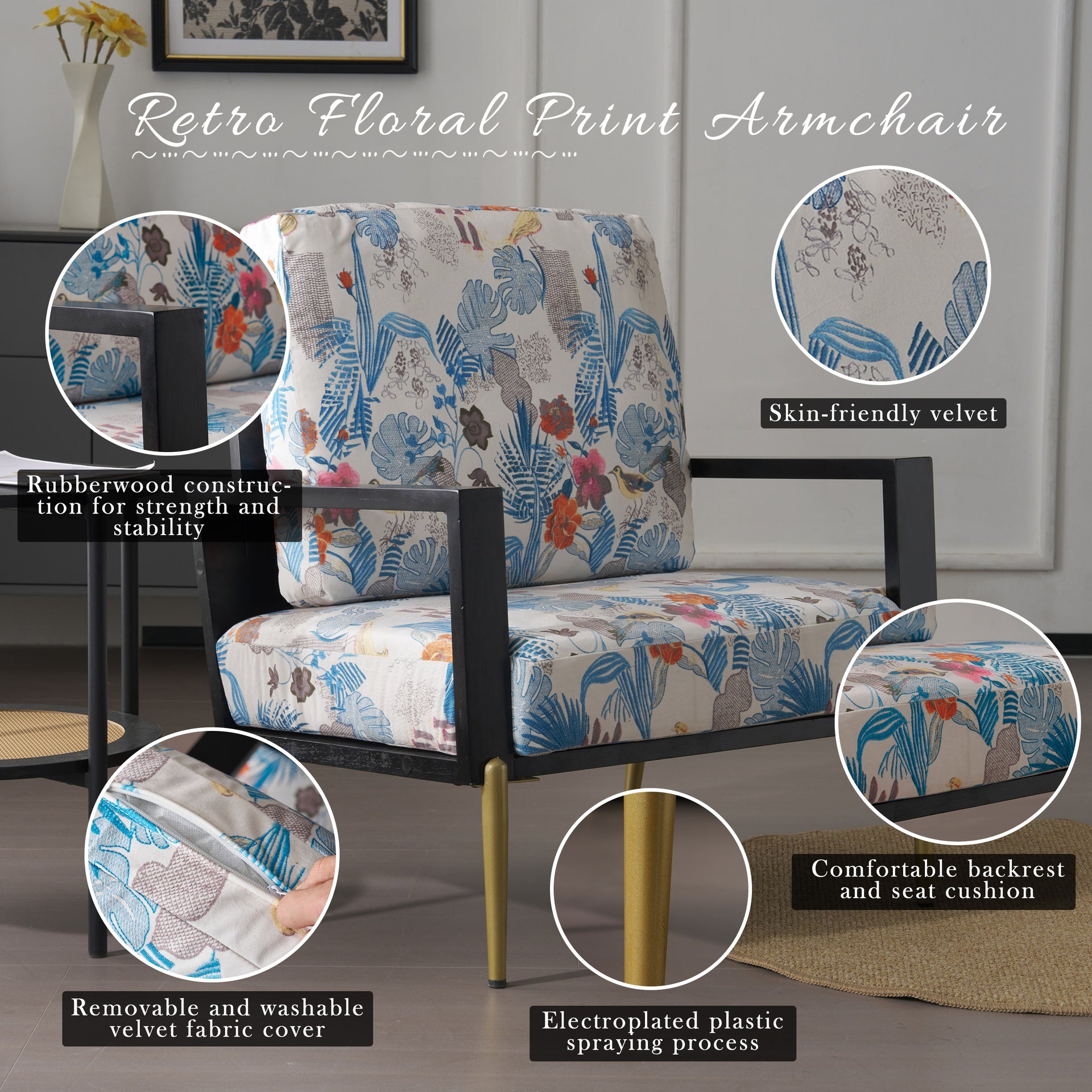 Floral Accent Chair, Velvet Lounge Arm Chair with Solid Wood Frame, Upholstered Living Room Chairs with Metal Legs for Reading Chair for Balcony, Living Room and Bedroom, Blue