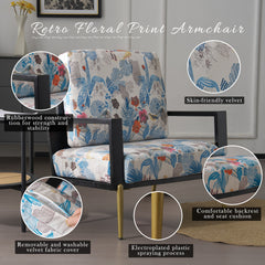 Floral Accent Chair, Velvet Lounge Arm Chair with Solid Wood Frame, Upholstered Living Room Chairs with Metal Legs for Reading Chair for Balcony, Living Room and Bedroom, Blue
