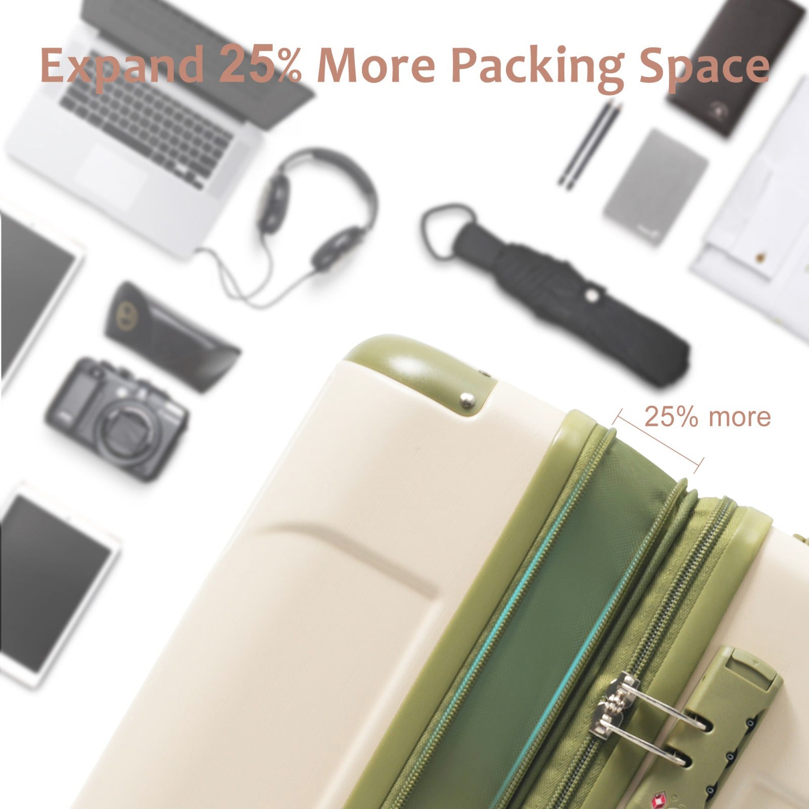 Luggage Sets 3 Piece, Expandable Hard shell ABS Suitcases with Double Spinner, Travel luggage Set with TSA Lock (20/24/28inch, White Green)