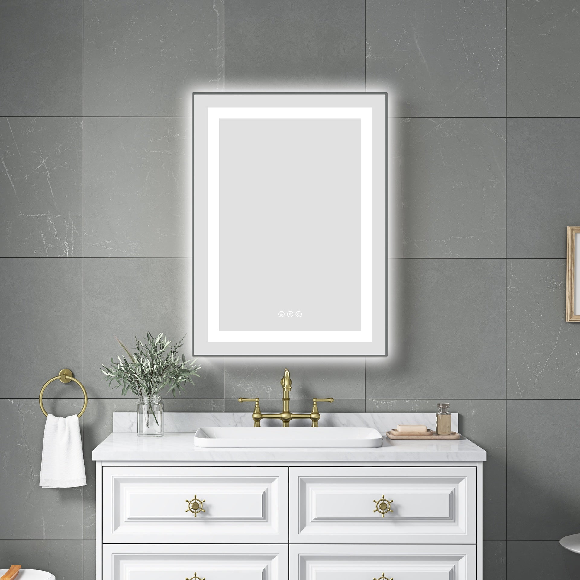 24 x 32 Inch LED Bathroom Mirror with Front and Backlight, Wall Mounted Vanity Mirror with Aluminum Frame, Anti-Fog, Memory, 3 Colors, Stepless Dimmable