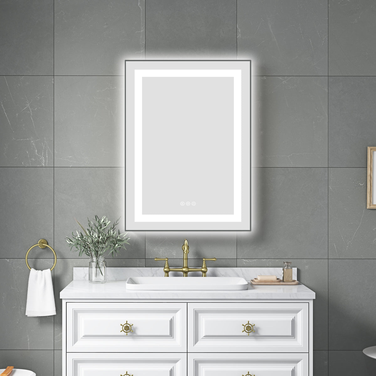 24 x 32 Inch LED Bathroom Mirror with Front and Backlight, Wall Mounted Vanity Mirror with Aluminum Frame, Anti-Fog, Memory, 3 Colors, Stepless Dimmable