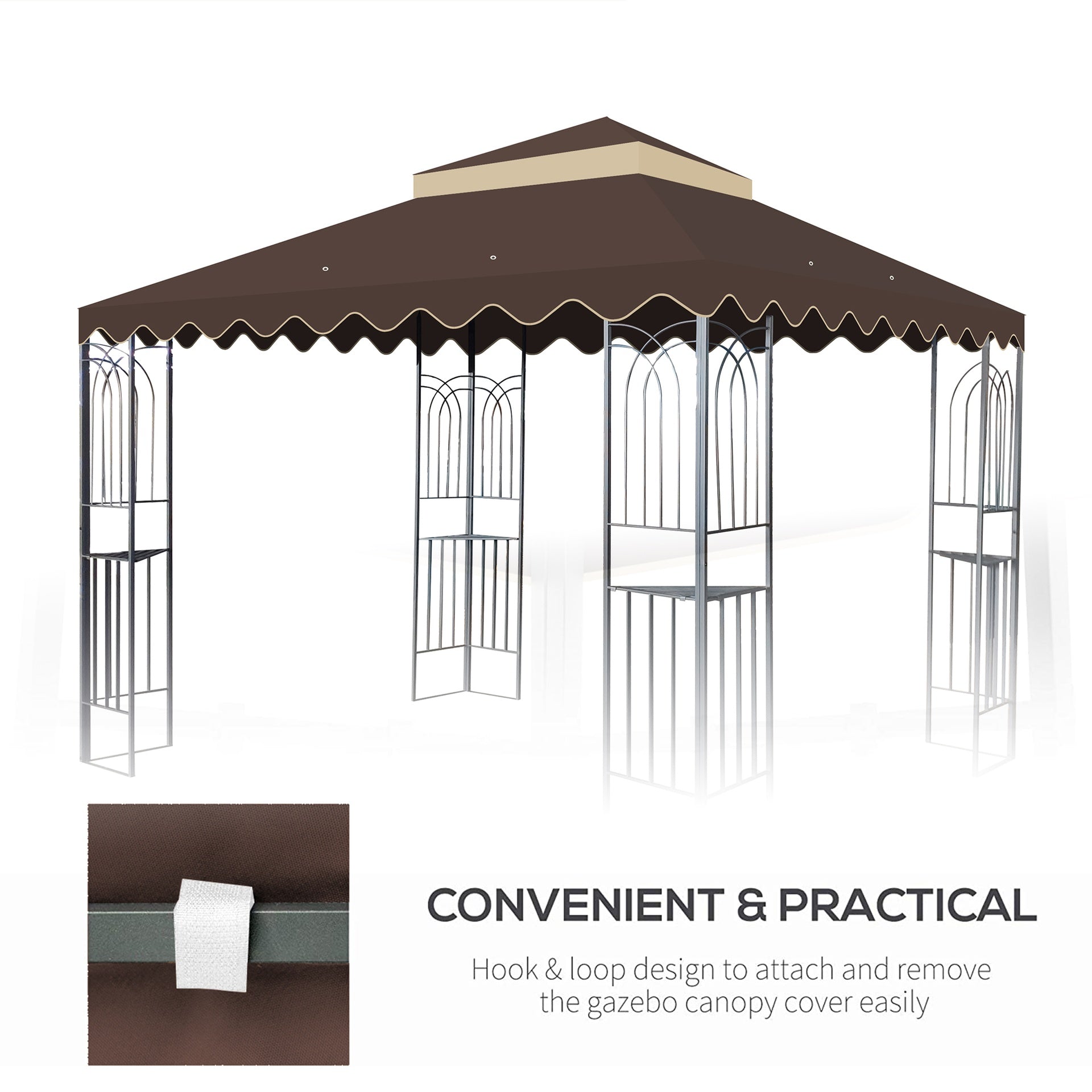 10x10 Ft Outdoor Patio Gazebo Replacement Canopy,Double Tiered Gazebo Tent Roof Top Cover Only wavy border(Frame Not Include)-BROWN