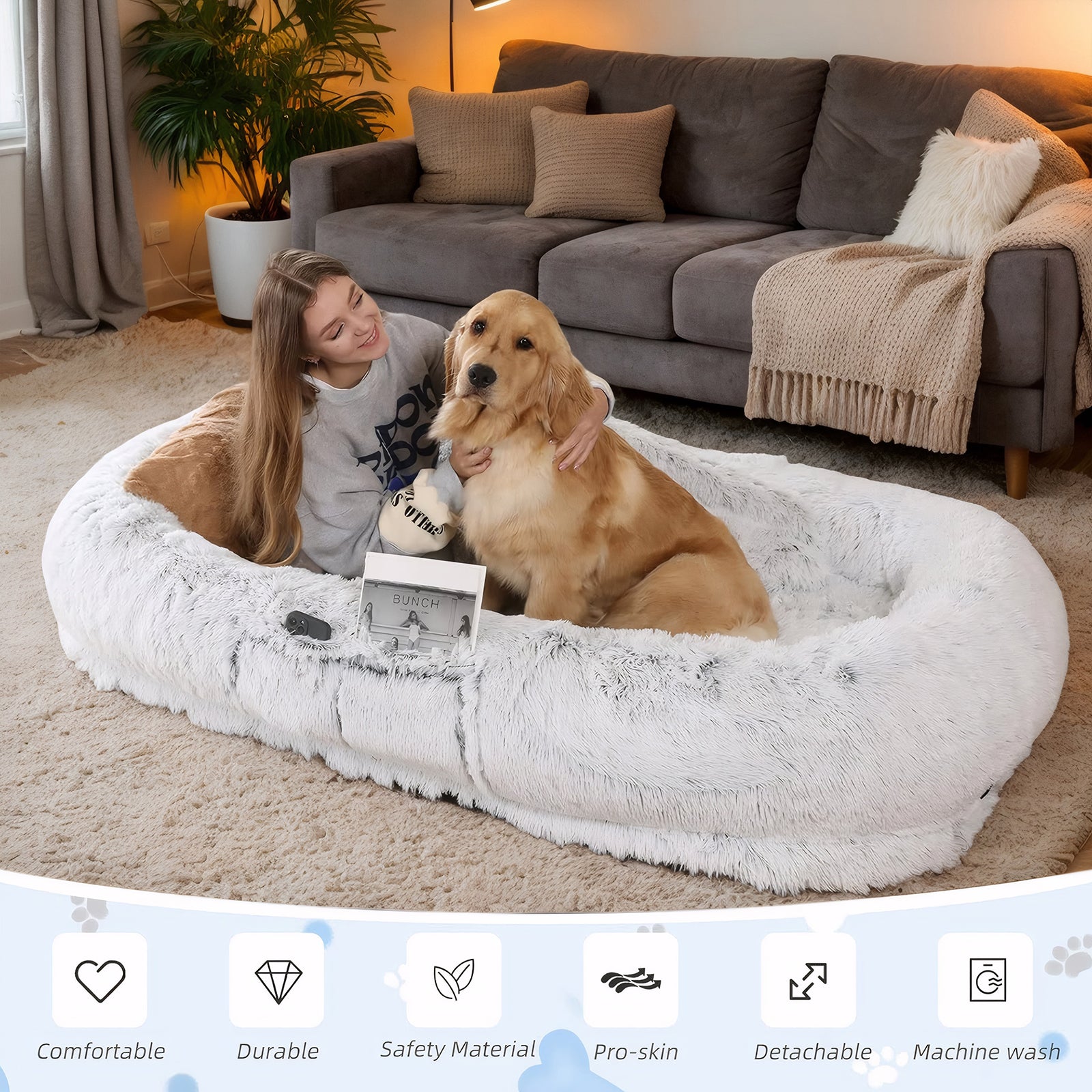 Human Dog Bed, Washable Faux Fur Dog Bed for People Doze Off, Napping Orthopedic Dog Bed,71''x45''x14'' Size Fits You and Pets (Grey) - Blankets and Pillows NOT INCLUDED