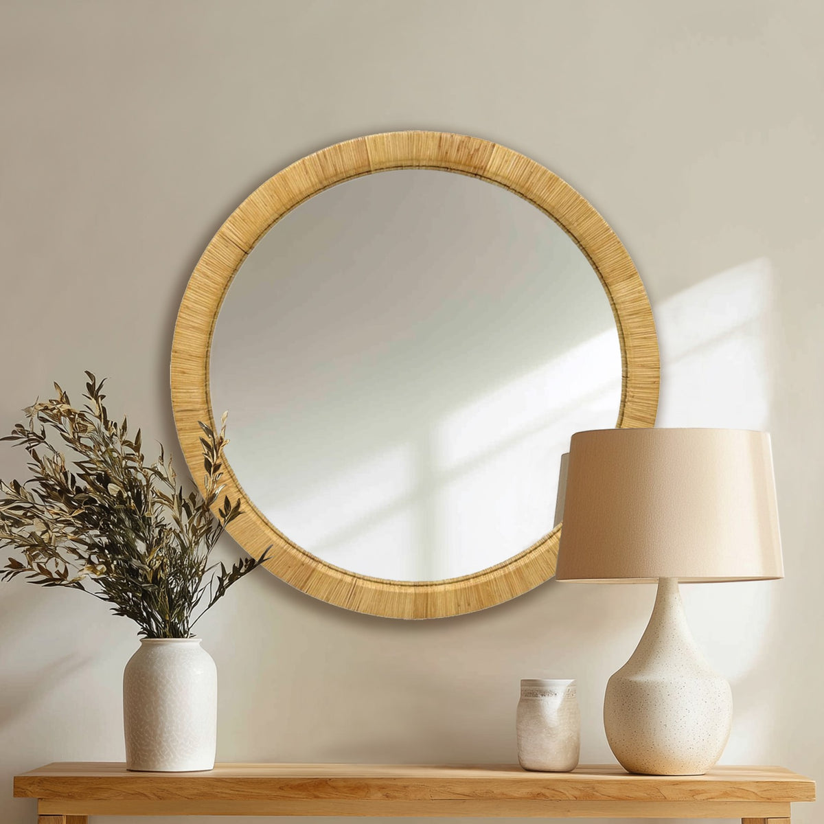 36" Dia Natural Rattan Round Wall Mirror
