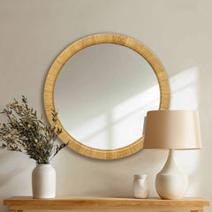 36" Dia Natural Rattan Round Wall Mirror