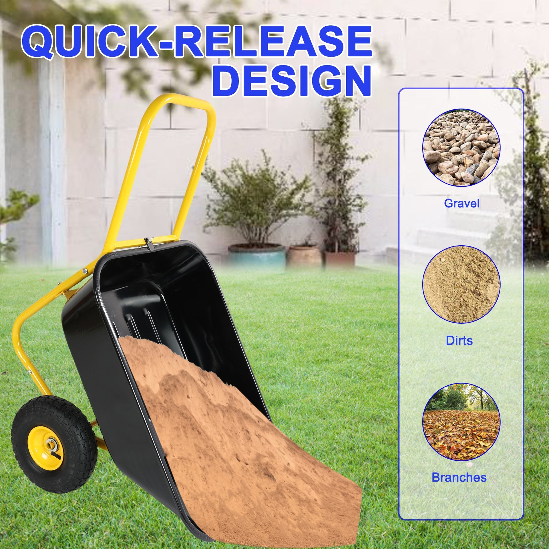 Two-wheeled barrow, garden cart, 10-inch pneumatic wheels(Yellow + Black)
