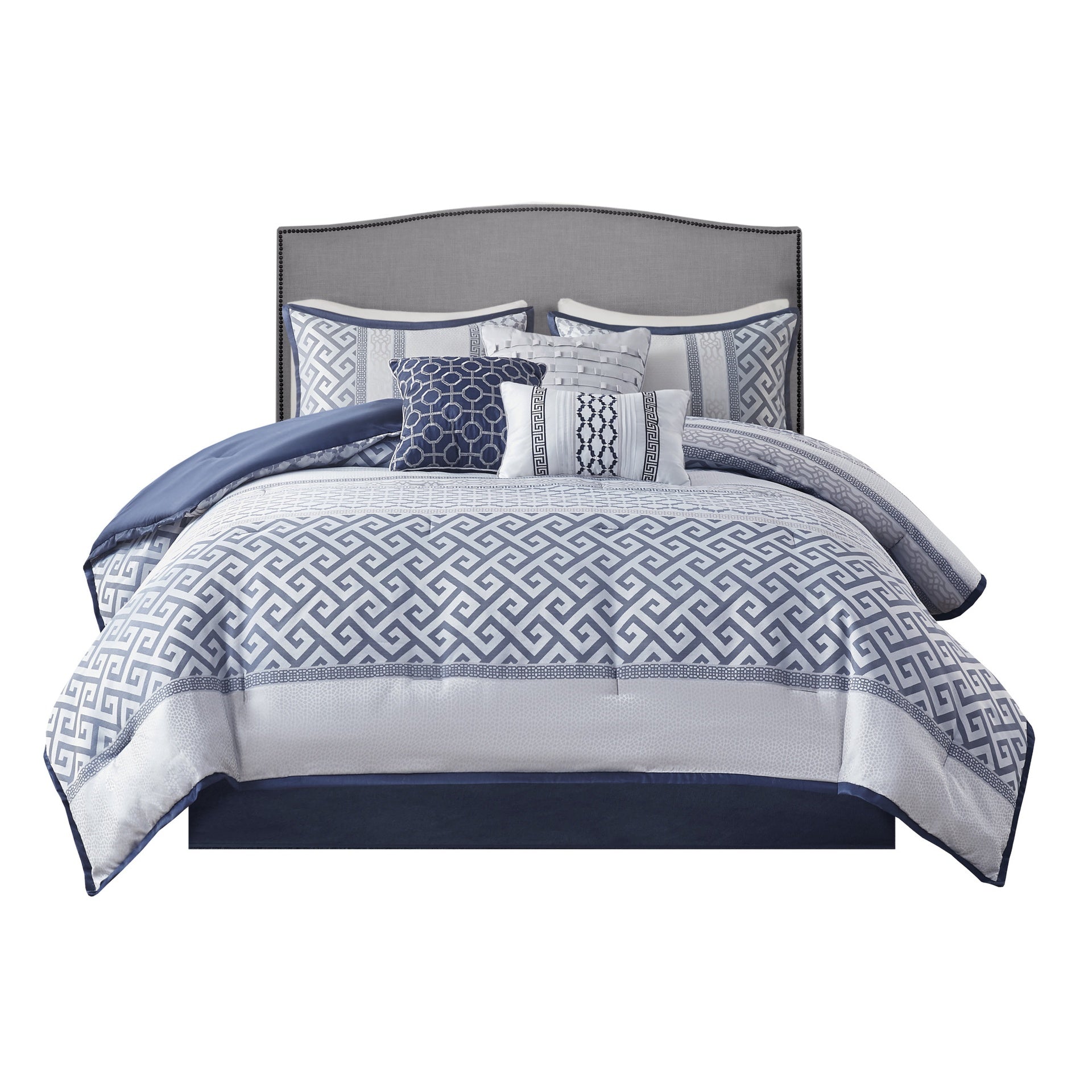 7 Piece Jacquard Comforter Set Navy Queen
