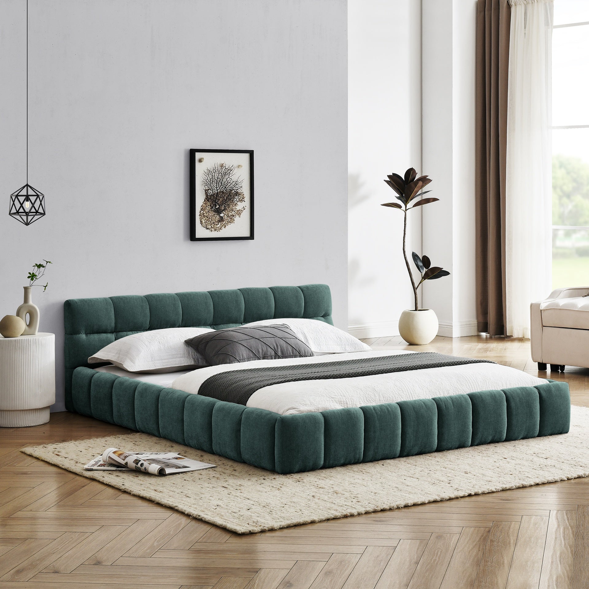 Queen Size Upholstered Bed Frame with Thick Fabric, Chenille Fabric Grounded Queen Size Platform Bed with Headboard and Solid Frame. No Box Spring Needed, GREEN(68''*86.5''*23.5'')
