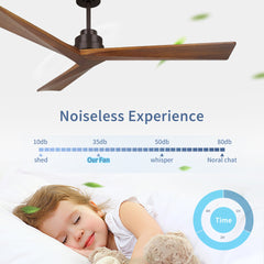 52" Wood  Ceiling Fan NO light, 3 Reversible Blades, with 6 Speeds Reversible DC Motor,Low Profile Ceiling Fan with no light for Living Room Kitchen Bedroom