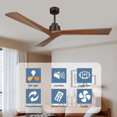 52" Wood  Ceiling Fan NO light, 3 Reversible Blades, with 6 Speeds Reversible DC Motor,Low Profile Ceiling Fan with no light for Living Room Kitchen Bedroom