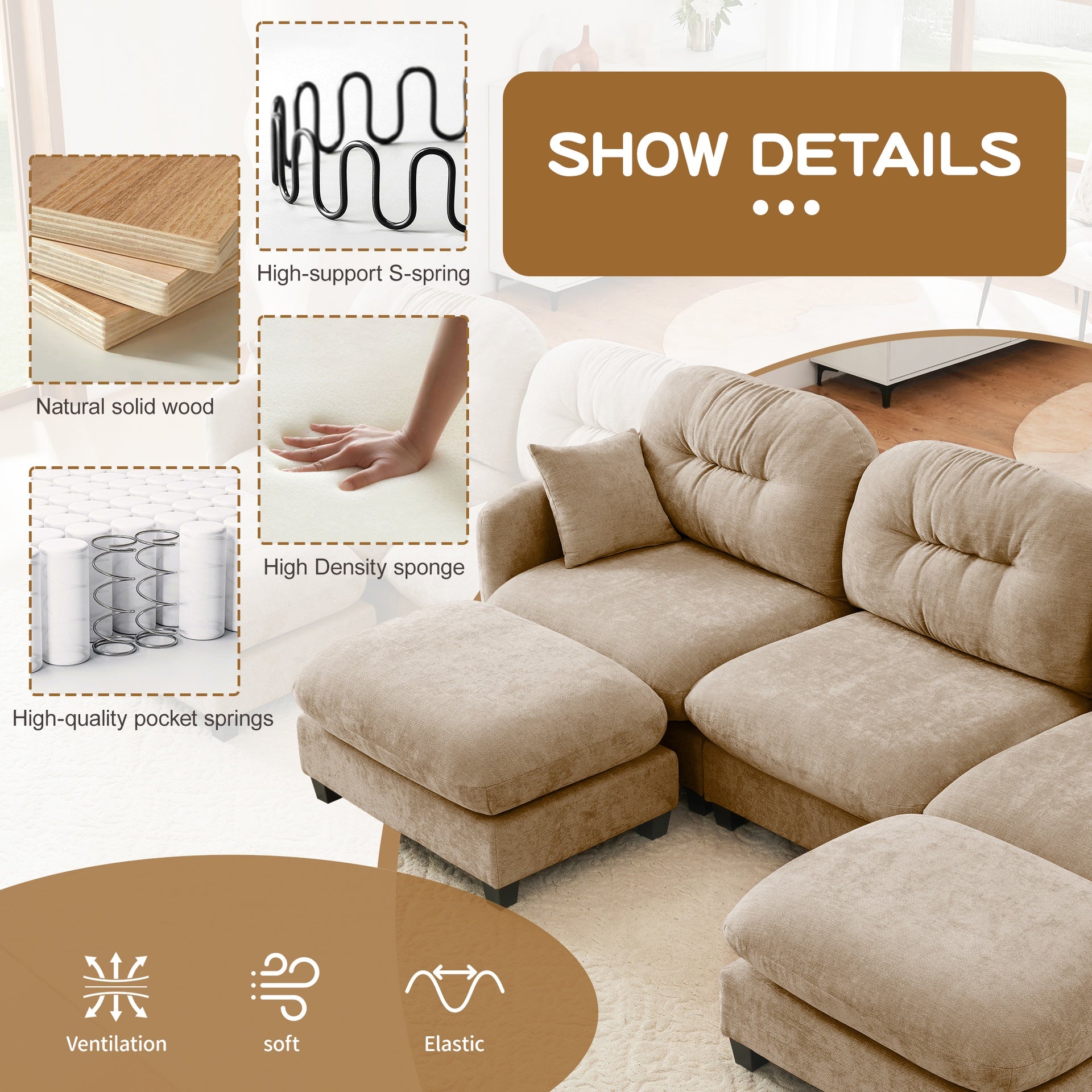 Cloud Sectional L-Shaped Couch With Ottoman,Soft Chenille Fabric,Tufted Cushion Backrest Design  High-Density Foam,Fits Bedrooms Living Rooms Reading Nooks,Camel
