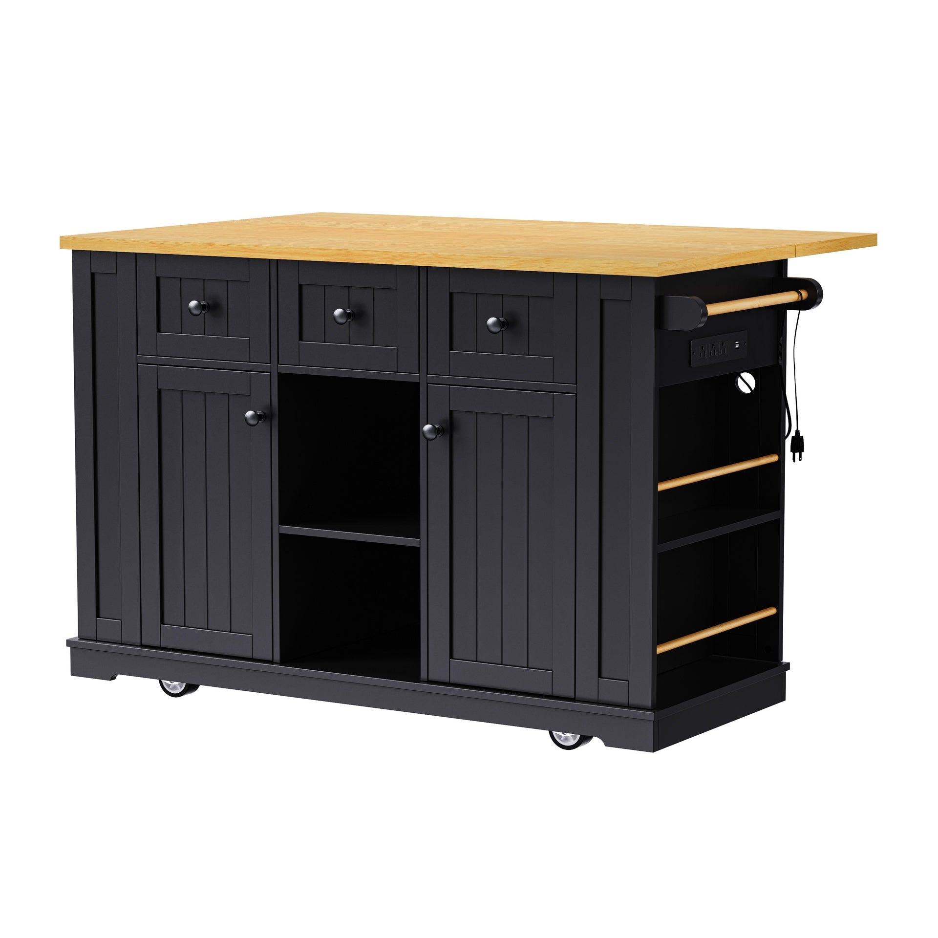 K&K 53inch Large Kitchen Island with 2 Bar Stools, Power Outlet,Door Internal Storage Rack, Kitchen Storage Cart on 5 Wheels with Drop Leaf, 5 Open Side Racks, 3 Drawers,Black (Three Packages)