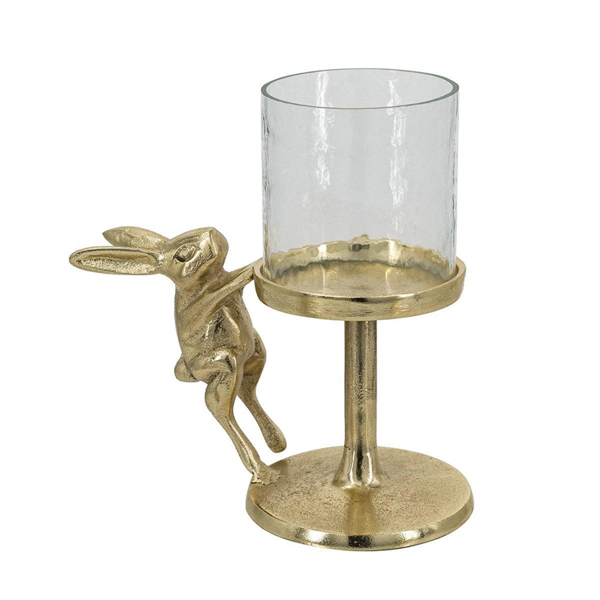 Set of 2 Gold Rabbit Pillar Candle Holder with Clear Glass Hurricane Shade, S:7x4x7.5" L:7.9x4x11"