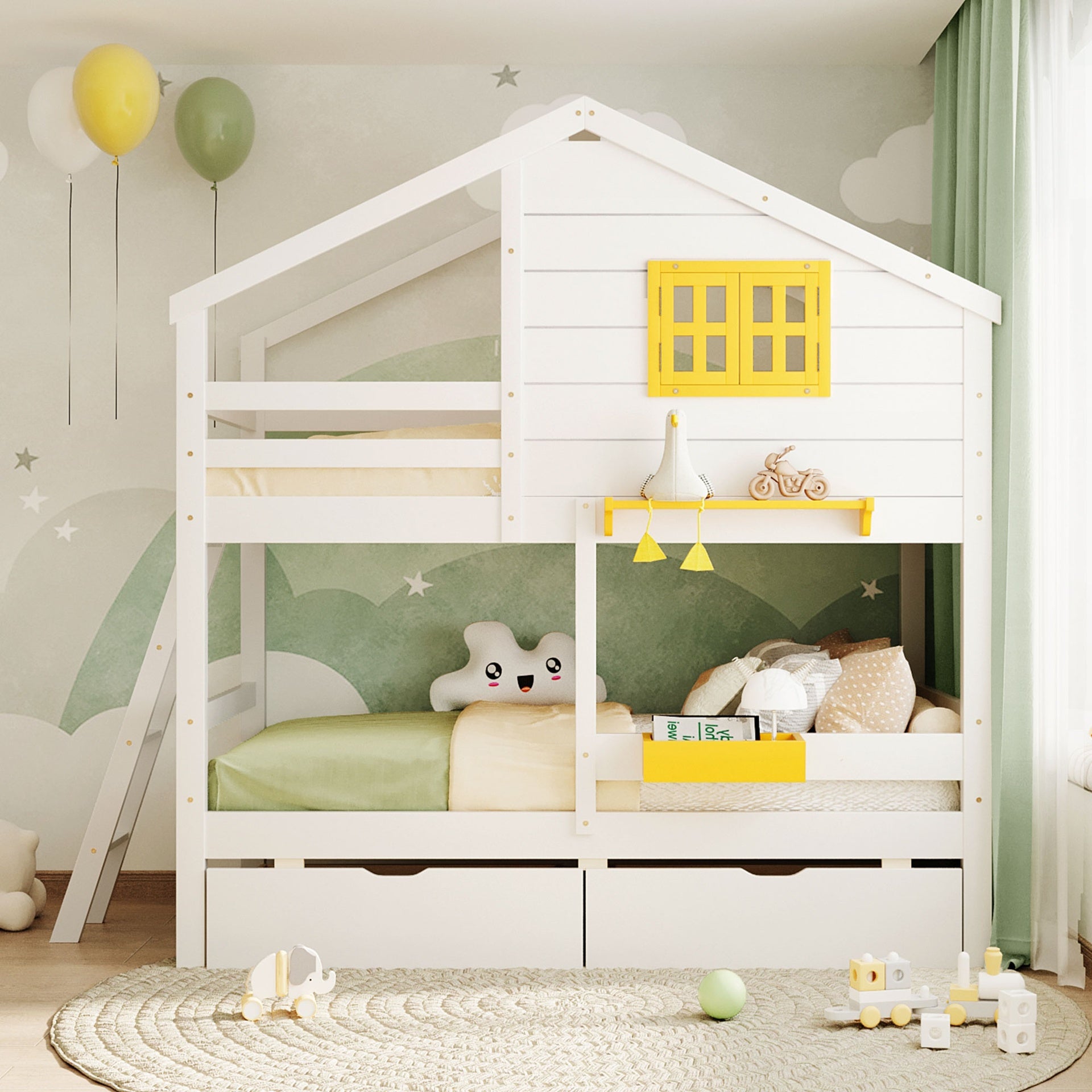 Twin over Twin Bunk Bed with 2 Drawers, 1 Storage Box, 1 Shelf, Window and Roof-White