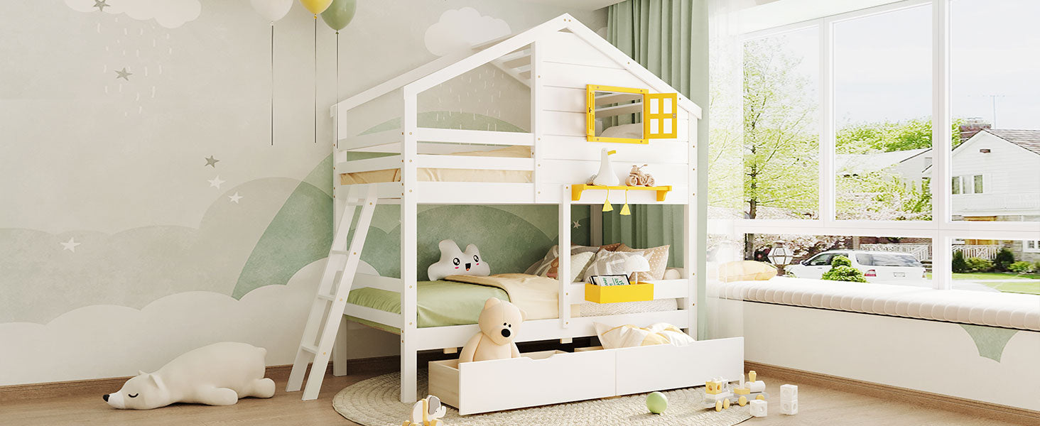 Twin over Twin Bunk Bed with 2 Drawers, 1 Storage Box, 1 Shelf, Window and Roof-White