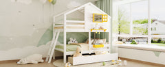 Twin over Twin Bunk Bed with 2 Drawers, 1 Storage Box, 1 Shelf, Window and Roof-White