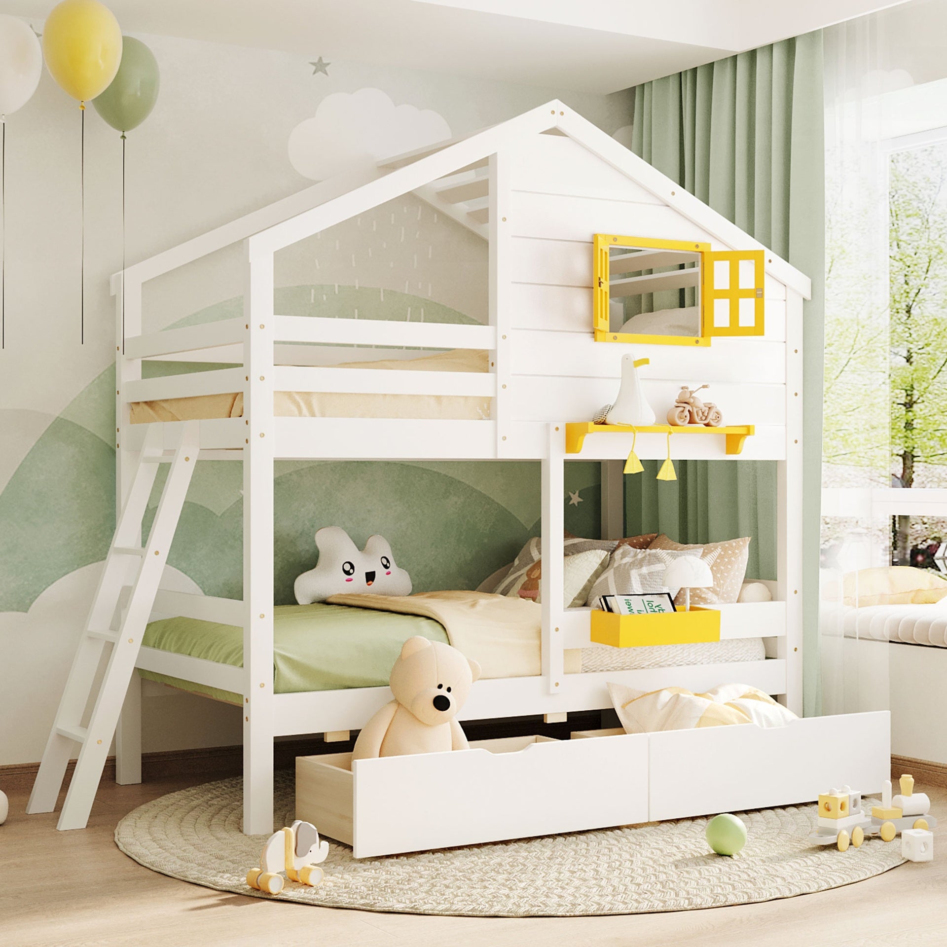 Twin over Twin Bunk Bed with 2 Drawers, 1 Storage Box, 1 Shelf, Window and Roof-White