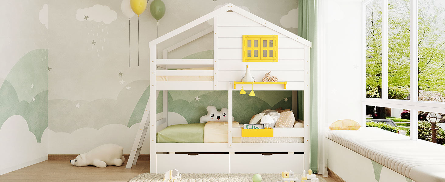 Twin over Twin Bunk Bed with 2 Drawers, 1 Storage Box, 1 Shelf, Window and Roof-White