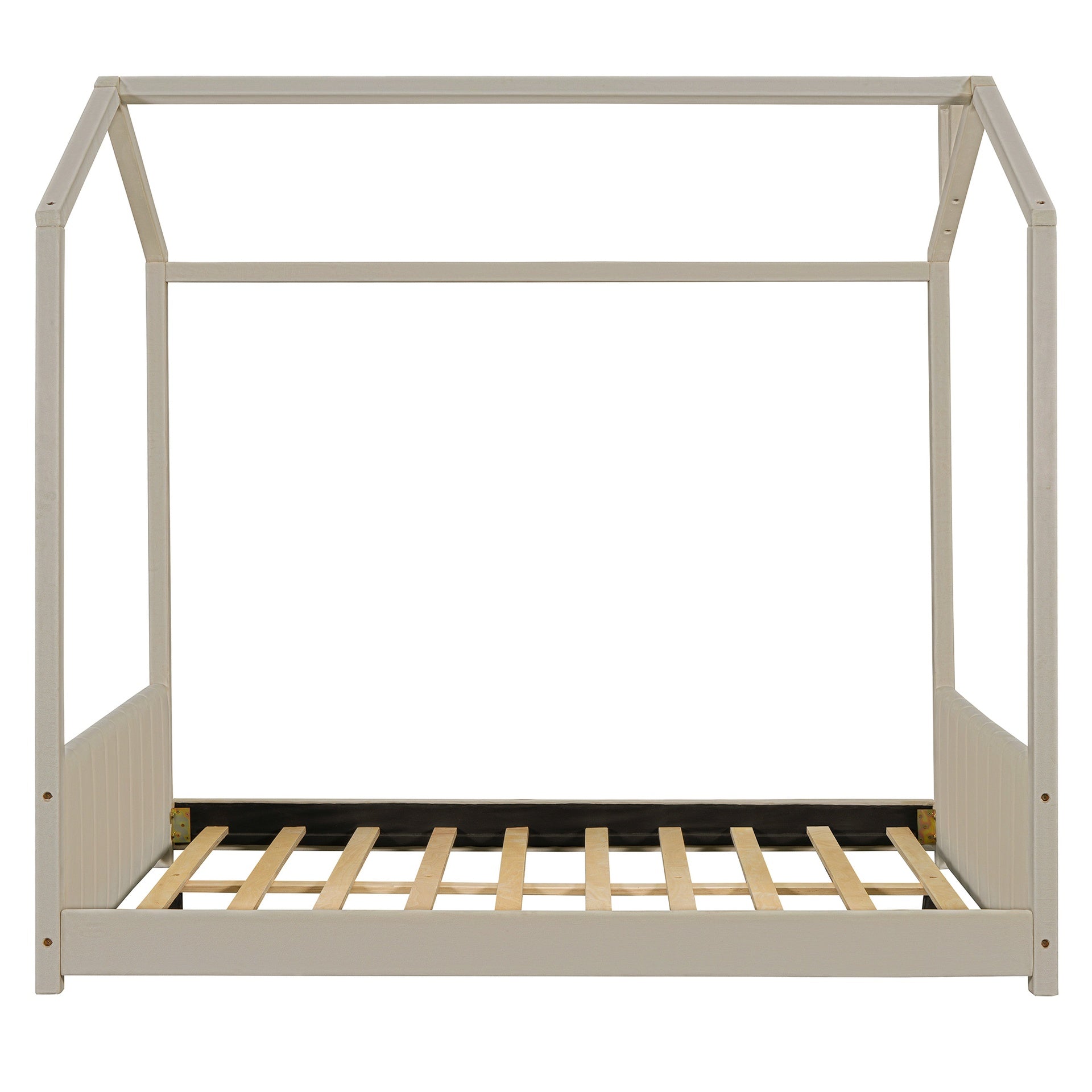 Full Size Velvet House Bed Wood Bed, Beige