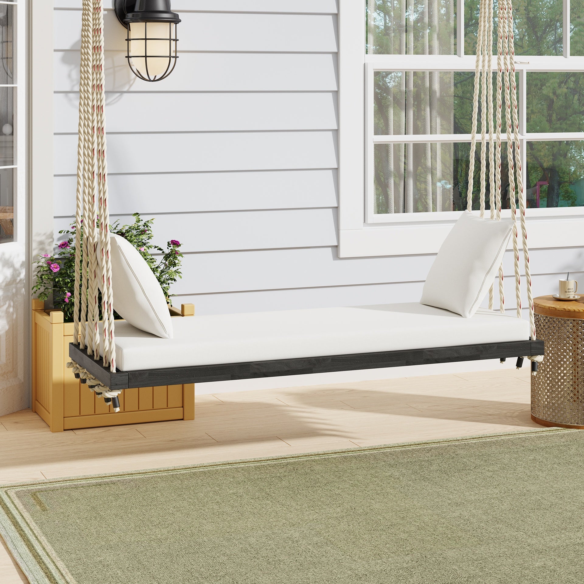 TOPMAX Patio Wooden Swing Chair, Hanging Porch Swing Bench with Cushion&Pillows, 10.8Ft Hemp Ropes for Garden,Backyard, Lawn,Brown